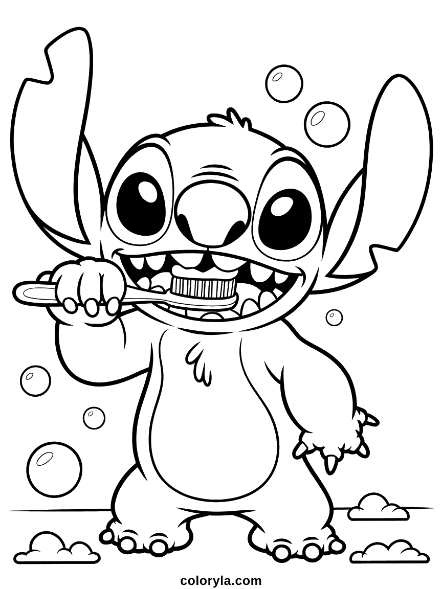 Stitch bleu alien tenant une brosse à dents près de sa bouche, souriant largement avec un tube de dentifrice à proximité