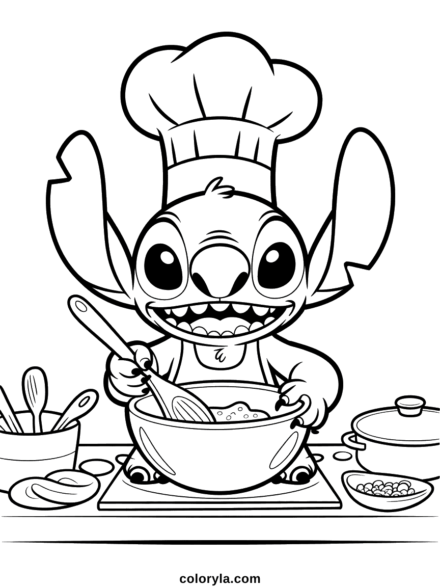 Stitch bleu alien portant un énorme chapeau de chef blanc, debout devant une cuisinière avec des ustensiles et ingrédients