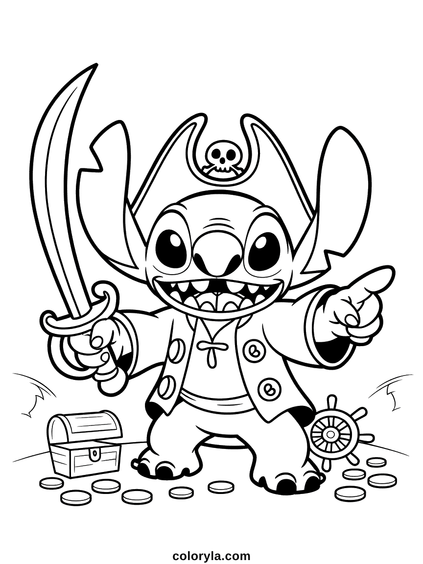 Stitch bleu alien portant un chapeau de pirate, cache-œil et cape, tenant une épée avec un coffre et bateau en arrière-plan