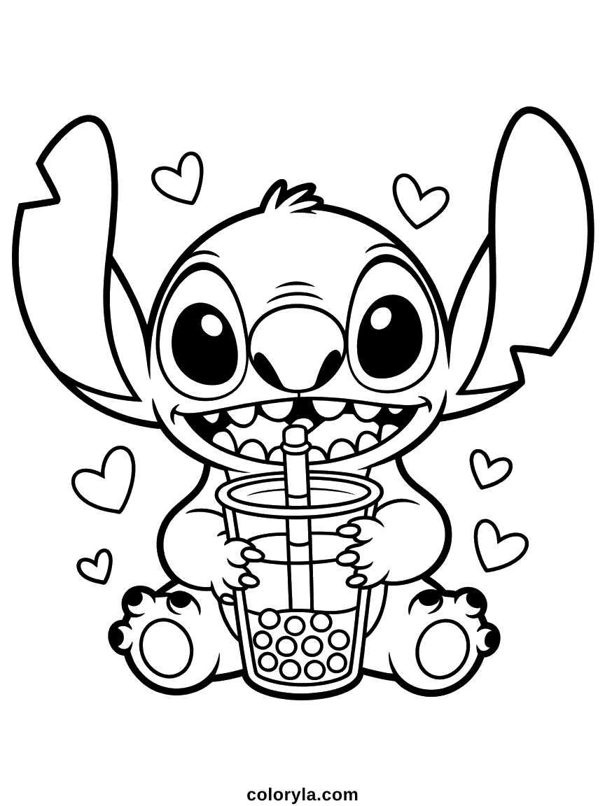 Stitch Drinking Bubble Tea Coloring Page Blue alien Stitch holding a large bubble tea cup with a wide straw, pearls visible in the drink, looking happy