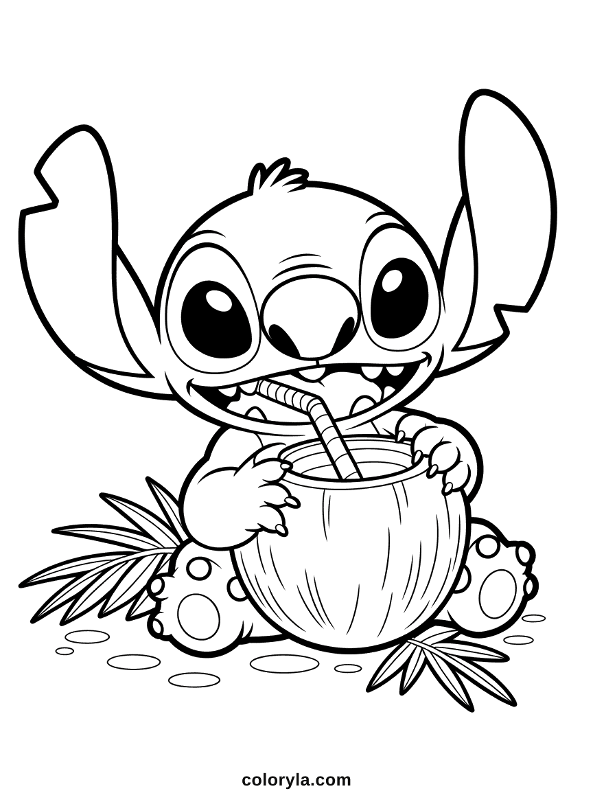Coloriage Stitch Buvant dans une Noix de Coco Stitch bleu alien tenant une grande noix de coco brune avec une paille, buvant joyeusement avec du sable et palmiers