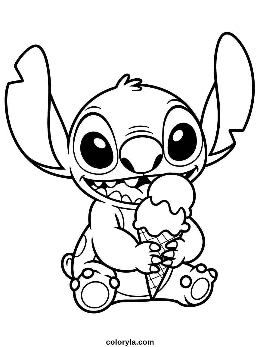 Stitch bleu alien tenant un énorme cornet de glace avec plusieurs boules, expression de délice et bonheur sur son visage