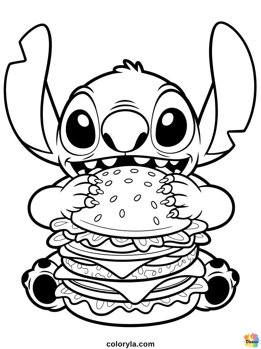 Stitch bleu alien tenant un énorme burger multicouche avec laitue et sauce qui s'écoule, expression excitée sur son visage