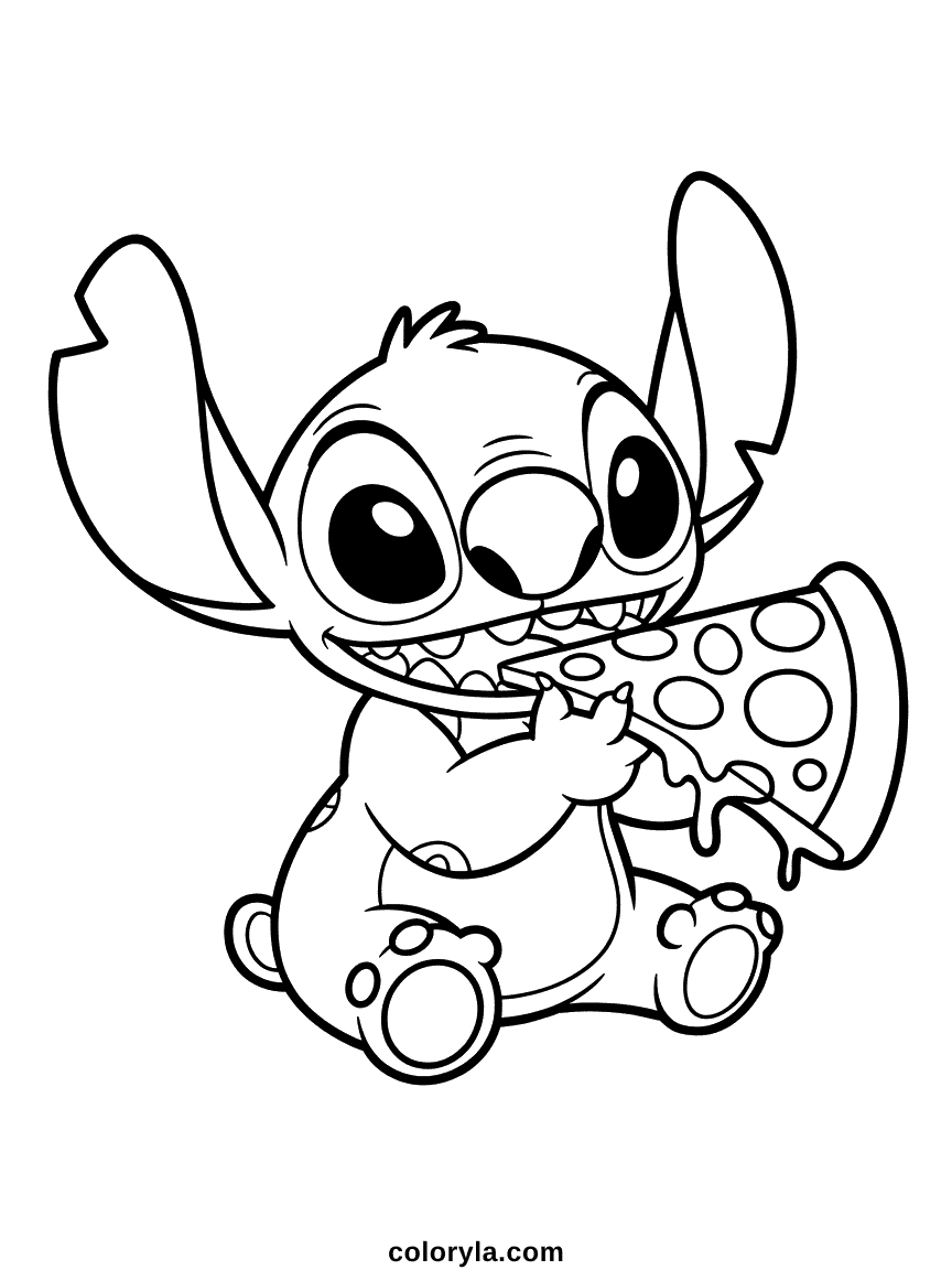 Stitch bleu alien tenant une grande tranche triangulaire de pizza avec fromage fondu et garnitures, mangeant joyeusement avec miettes