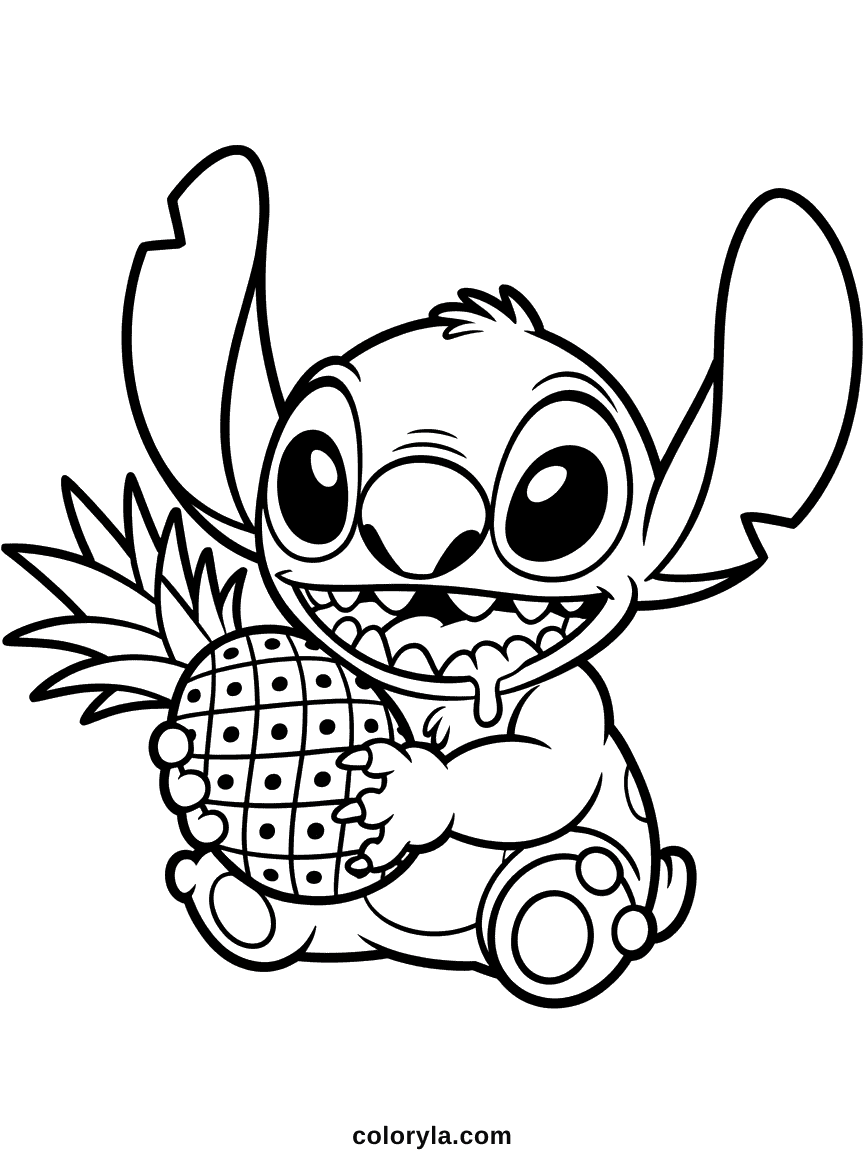 Stitch bleu alien étreignant ou mordant dans un énorme ananas doré avec feuilles couronne, décor tropical et plage