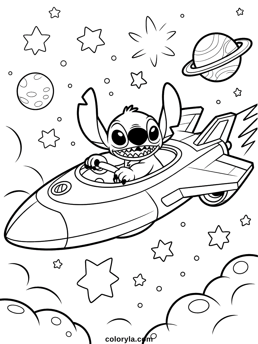 Stitch Exploring Space Flying Spaceship Coloring Page Blue alien Stitch piloting a futuristic spaceship among stars, planets, and celestial objects in outer space with galaxy backdrop