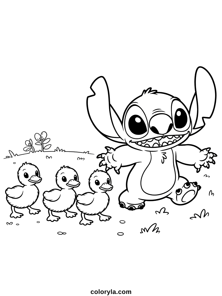 Stitch bleu alien marchant derrière une file de petits canards jaunes dodus le suivant, décor naturel avec étang ou eau