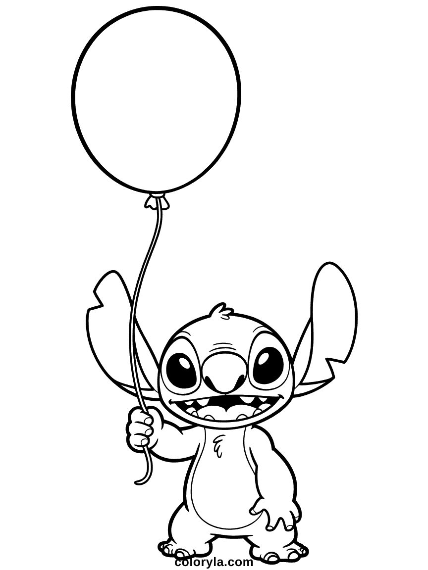 Stitch tenant un seul ballon flottant avec son sourire caractéristique et ses yeux ronds