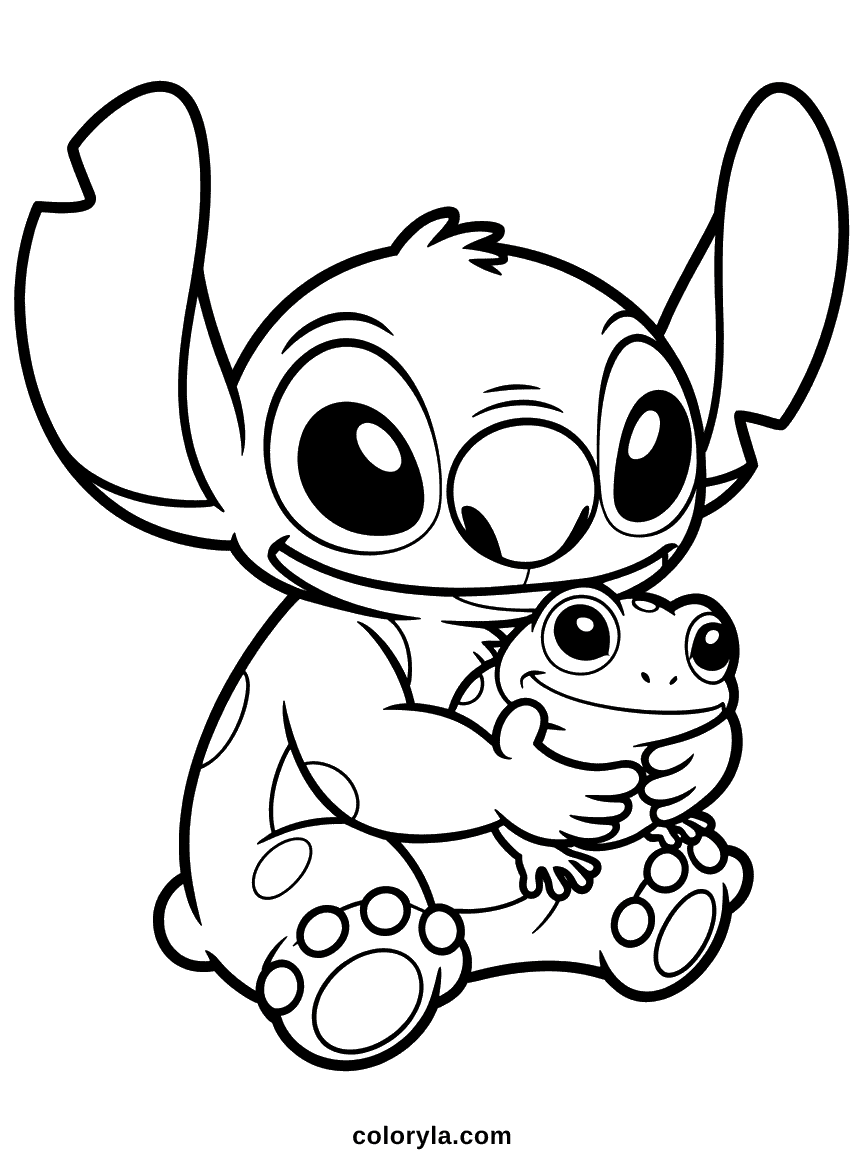 Stitch tenant doucement une petite grenouille verte dans ses mains avec une expression tendre