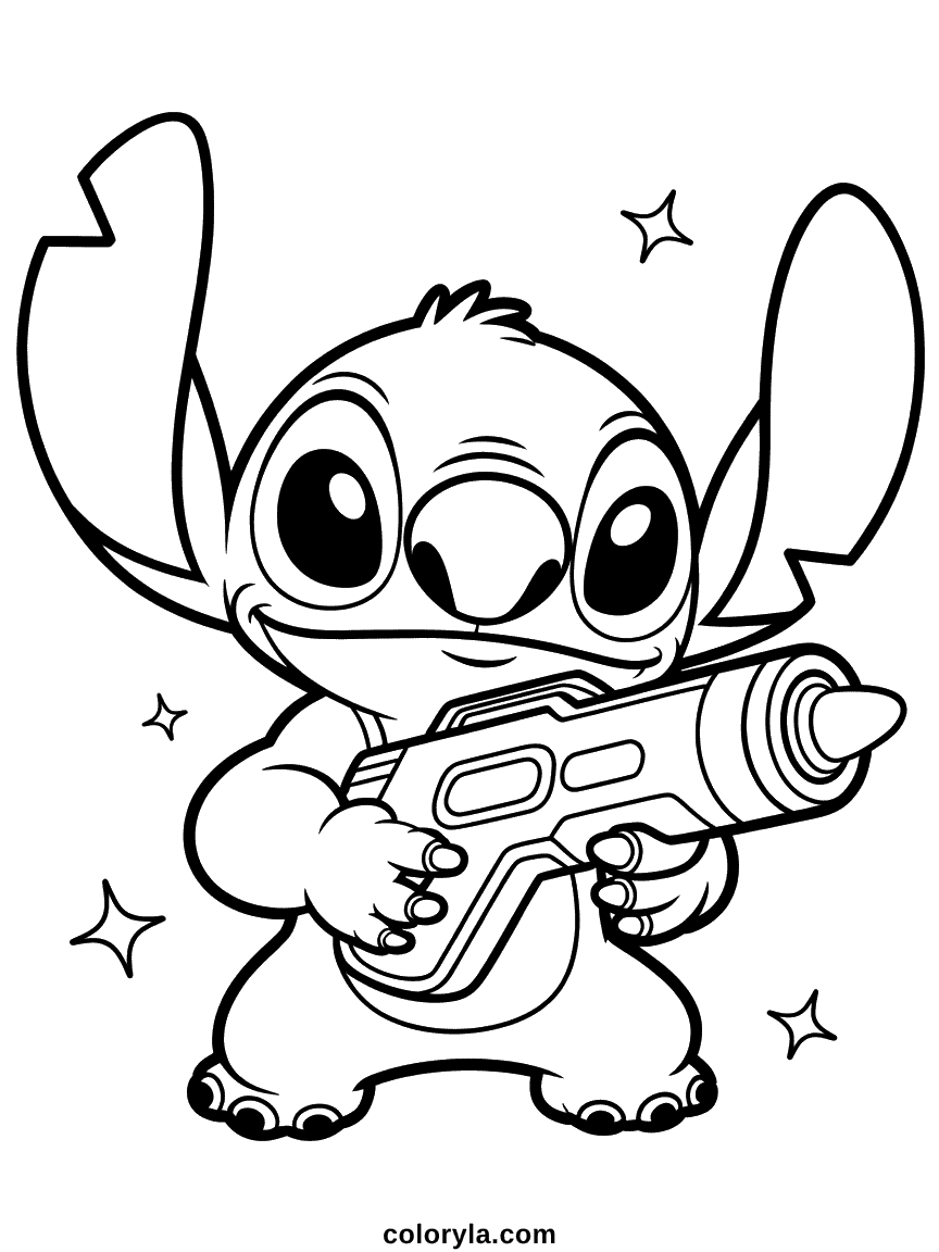Stitch Holding a Space Blaster Coloring Page Stitch in action pose holding a glowing futuristic space blaster weapon with determined expression