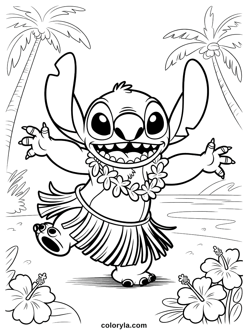 Stitch Hula Dancing Coloring Page Stitch dancing hula with a flower lei around his neck in a festive Hawaiian pose