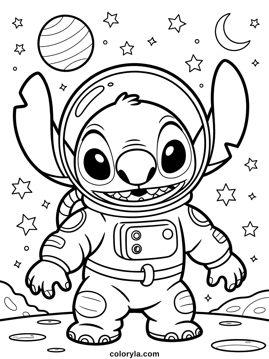 Stitch portant une combinaison spatiale futuriste complète avec visière de casque en pose d'explorateur spatial