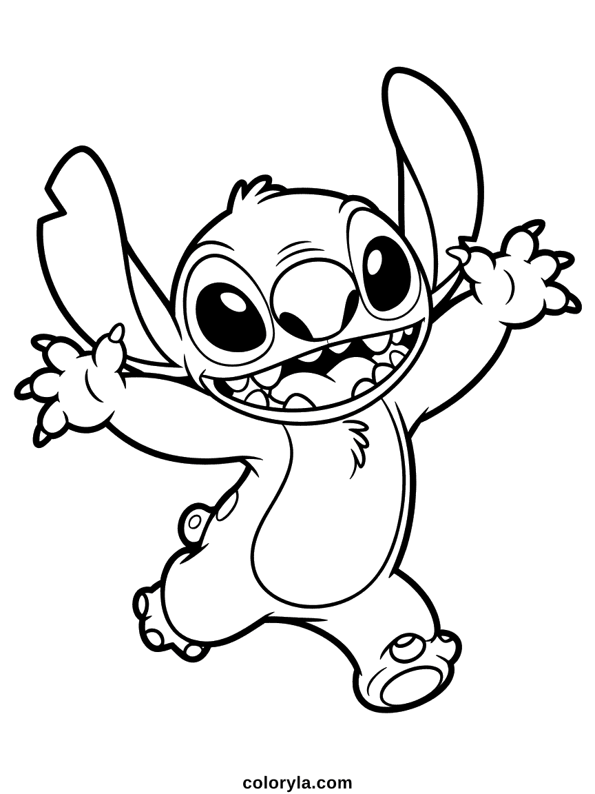 Stitch en plein saut avec les bras levés haut et un énorme sourire joyeux montrant le bonheur pur