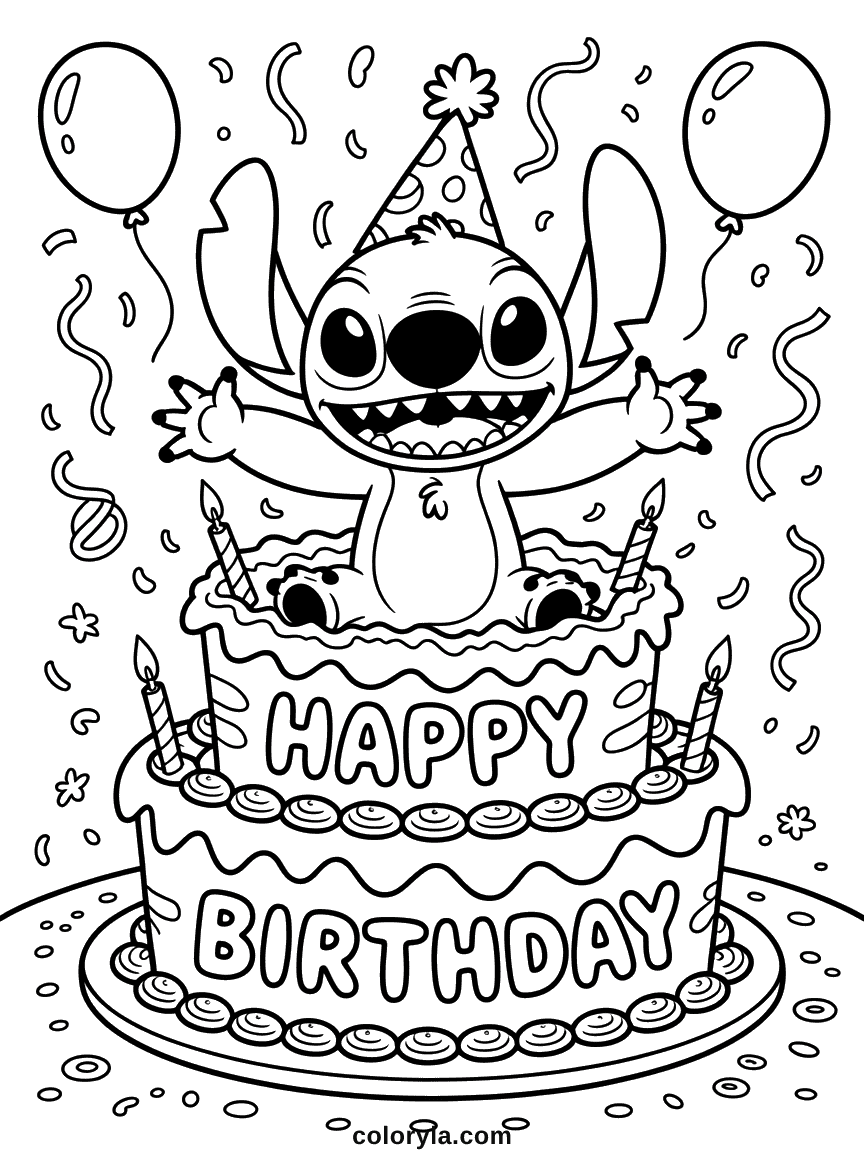 Stitch sautant hors d'un grand gâteau d'anniversaire décoré avec glaçage, bougies et confettis de célébration