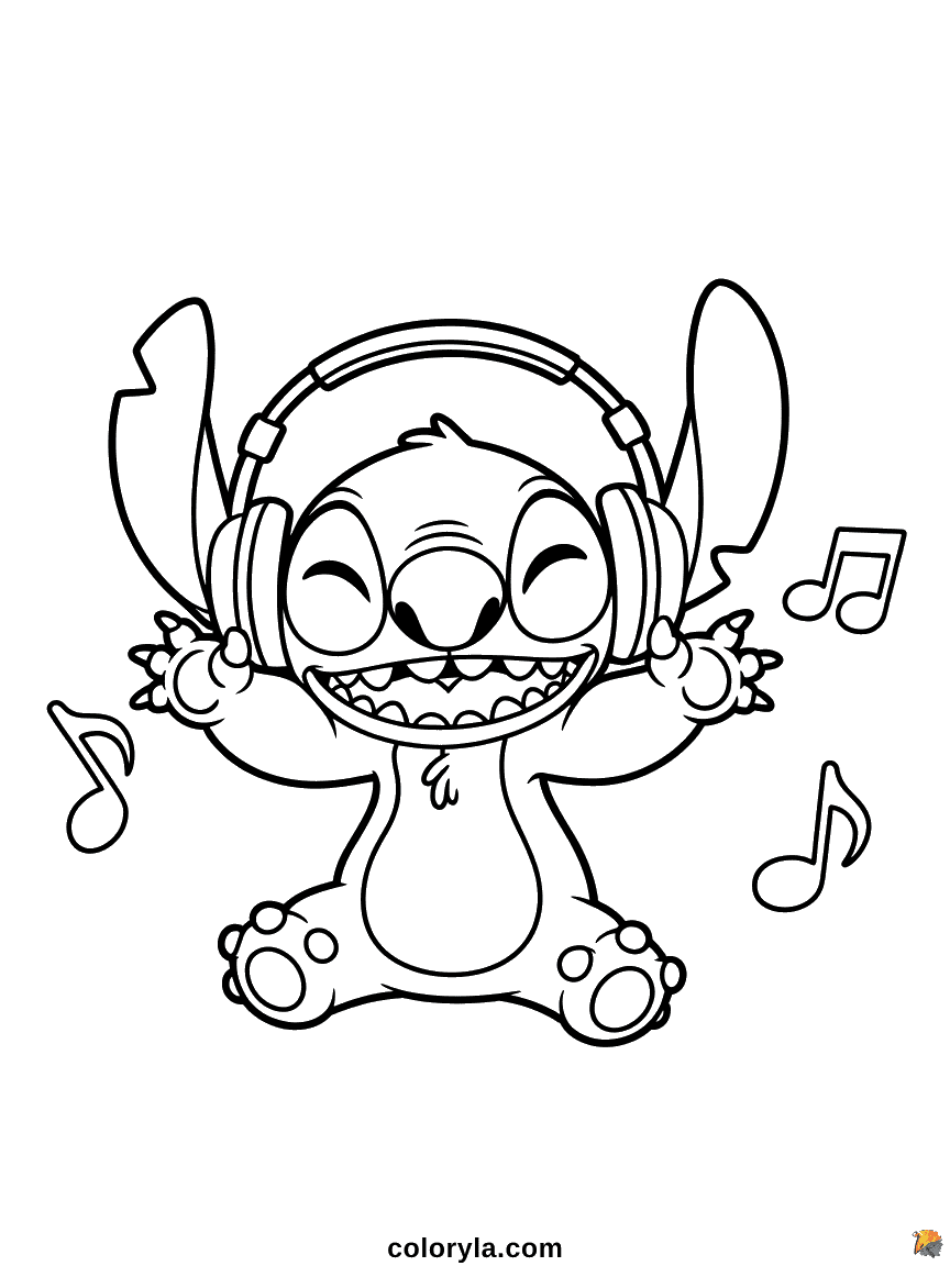 Stitch portant de grands écouteurs colorés sur ses oreilles avec une expression satisfaite en écoutant la musique
