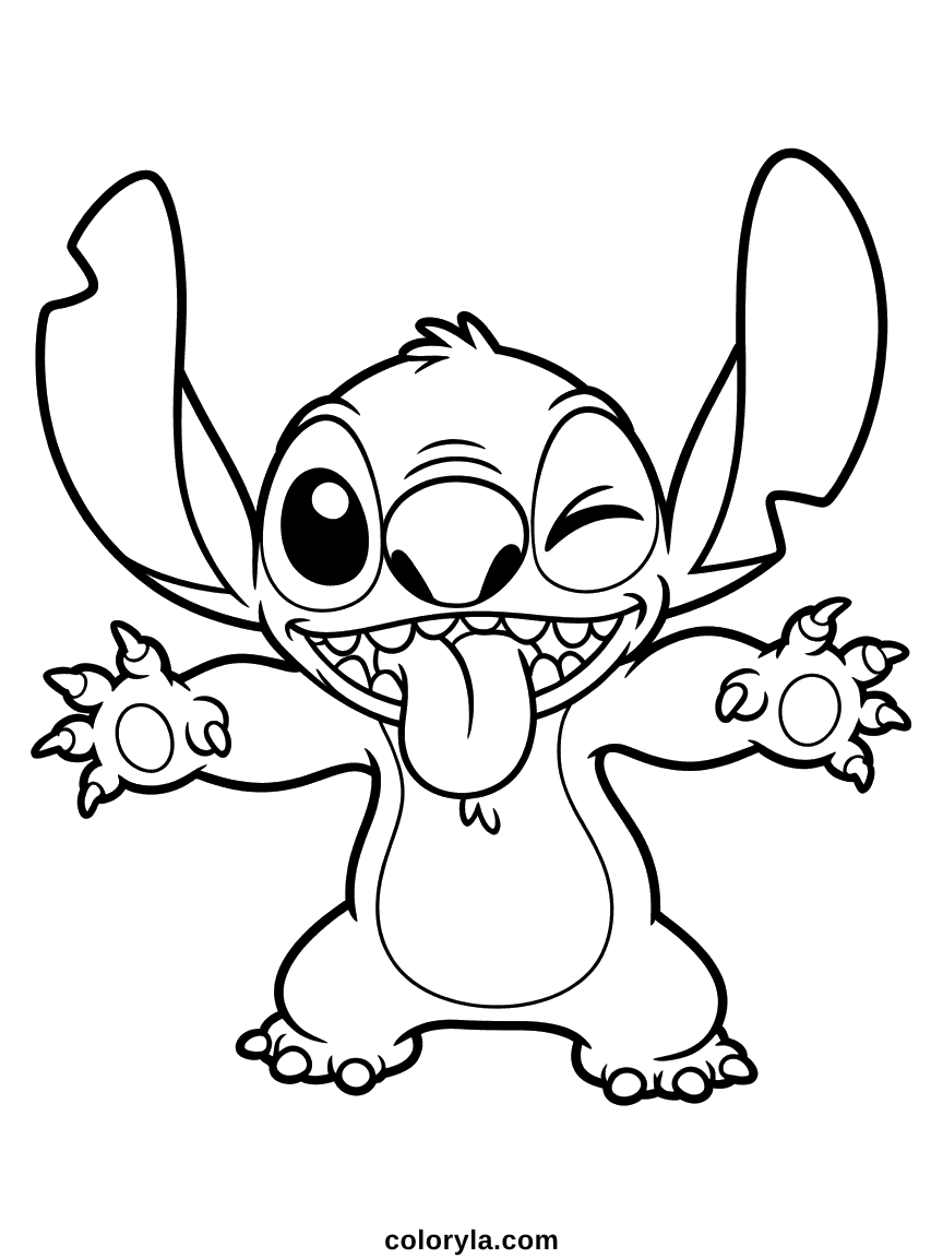Stitch faisant des grimaces exagérées et ridicules avec les yeux croisés, la langue sortie et des traits comiques