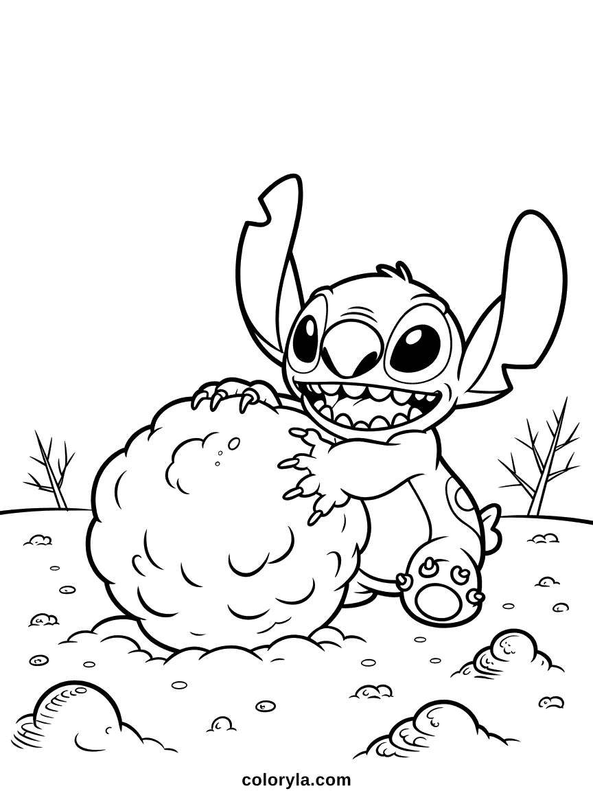 Stitch roulant et poussant une énorme boule de neige surdimensionnée avec concentration et effort dans un cadre enneigé