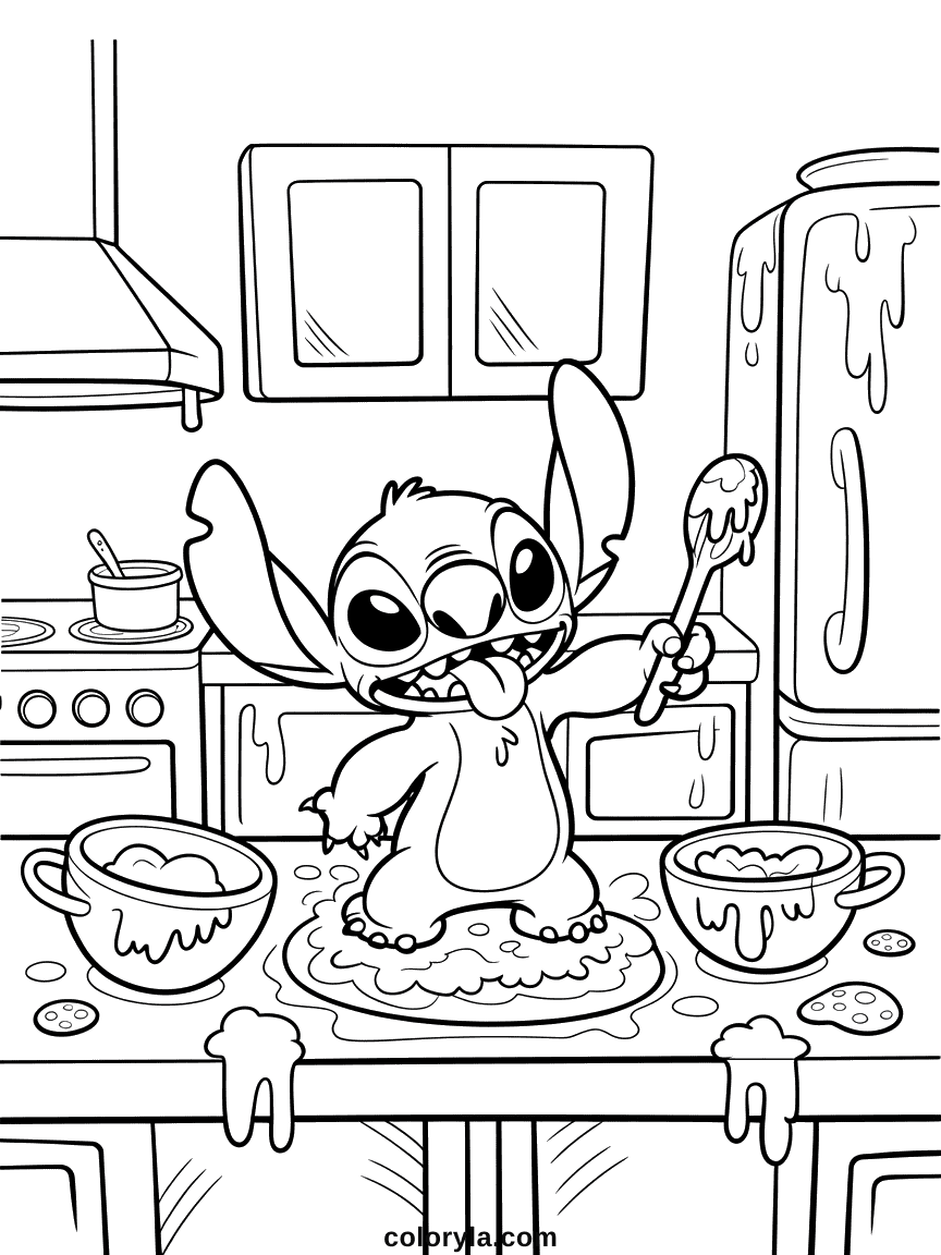Stitch entouré du chaos de la cuisine avec nourriture renversée, assiettes éparpillées, casseroles renversées et ingrédients éparpillés