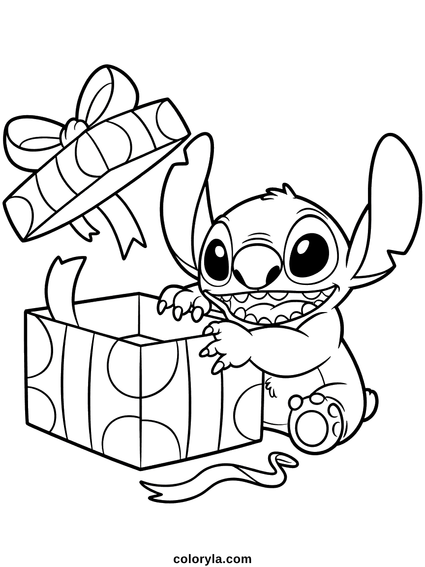 Stitch déballant enthousiaste un grand cadeau emballé coloré avec des rubans et des arcs avec une expression heureuse
