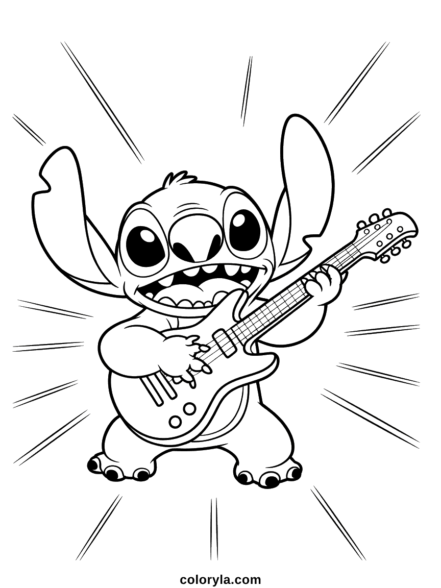 Stitch jouant une guitare électrique colorée avec une expression cool et une pose de rock star dynamique