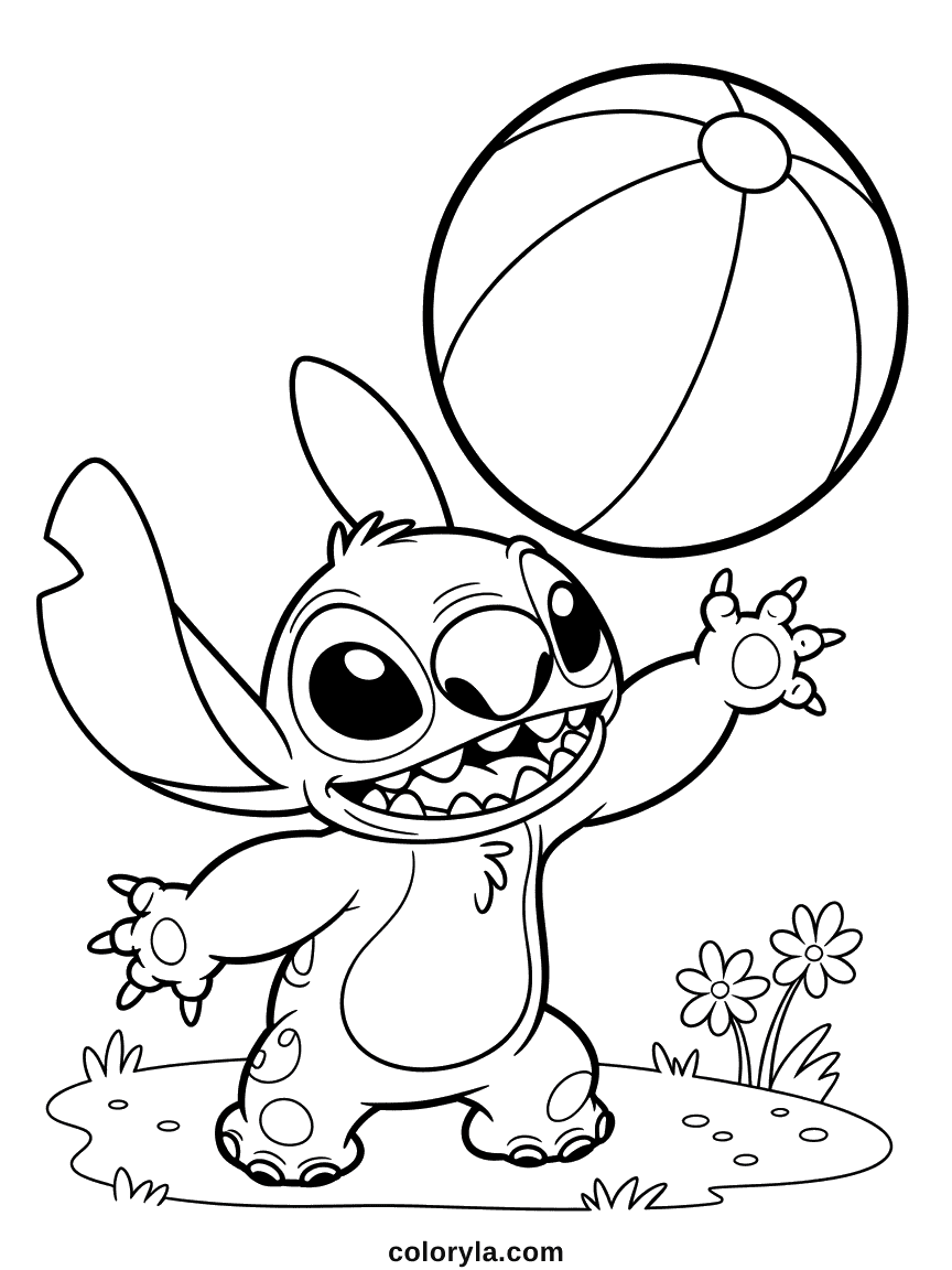 Stitch l'alien bleu s'amusant joyeusement avec un gros ballon rebondissant, montrant son sourire caractéristique et ses oreilles en forme de chauve-souris.