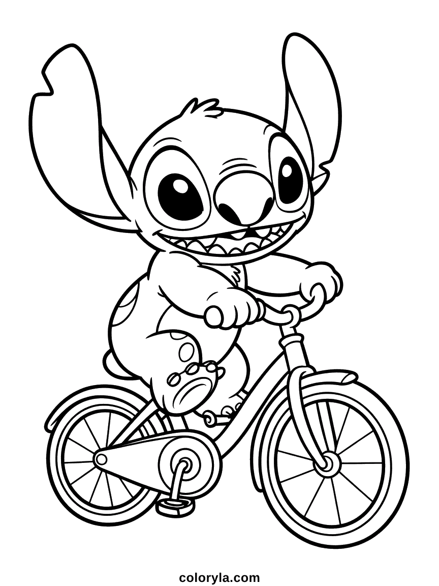 Stitch roulant avec enthousiasme sur un vélo avec son sourire caractéristique et son expression déterminée en se déplaçant vers l'avant.
