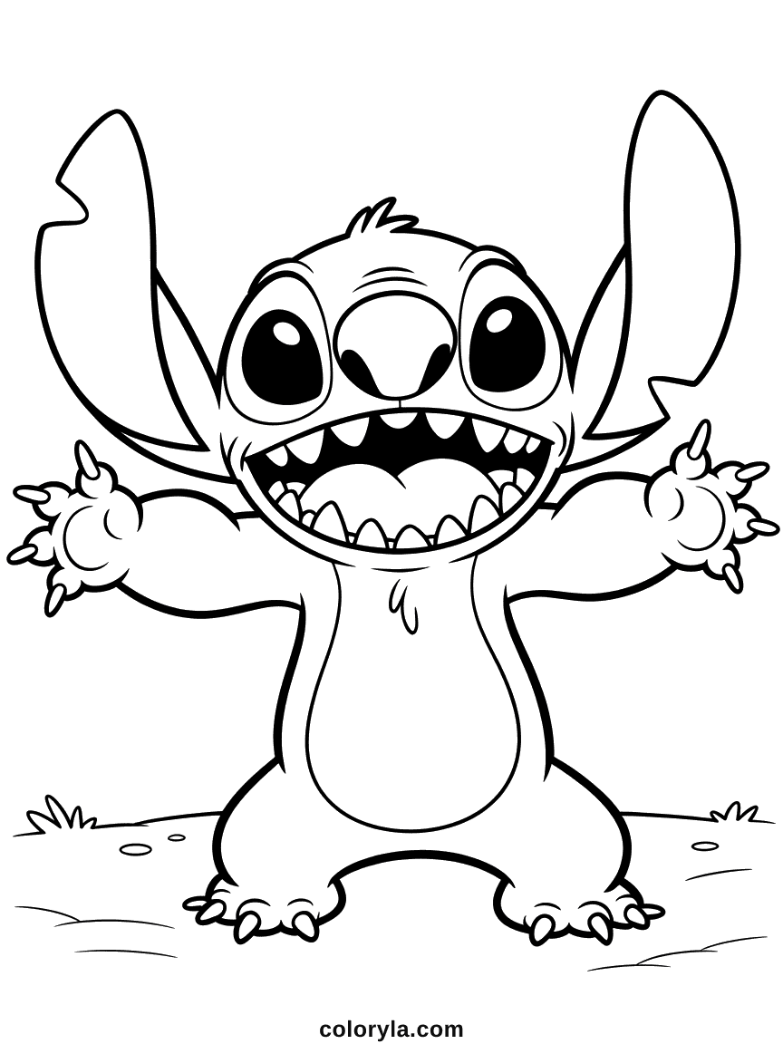 Stitch rugissant férocement avec la bouche grande ouverte, affichant ses traits de monstre et son expression sauvage avec les mains levées.