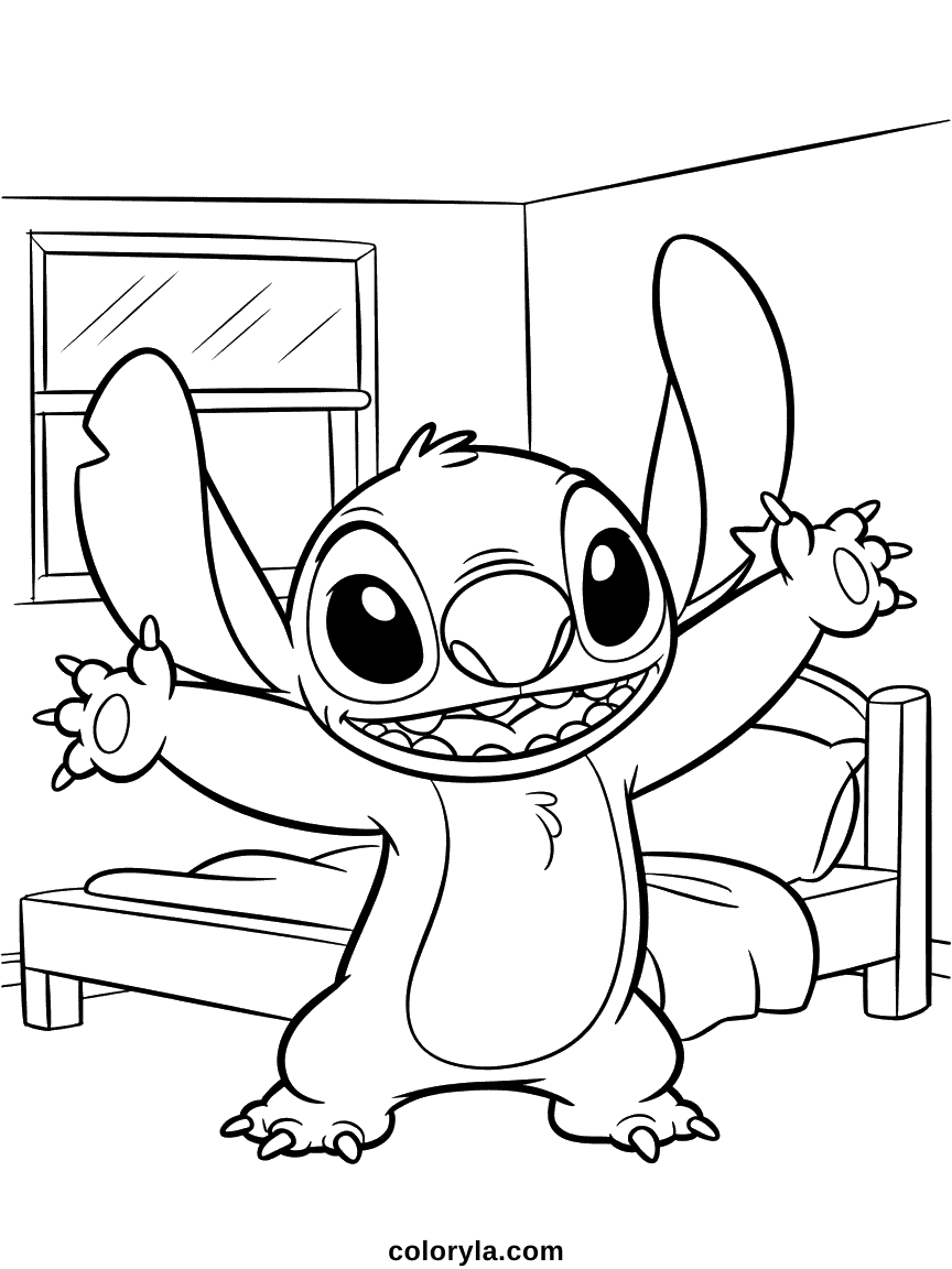 Stitch s'étirant avec bras et corps allongés, bâillant et se réveillant le matin avec une expression heureuse.