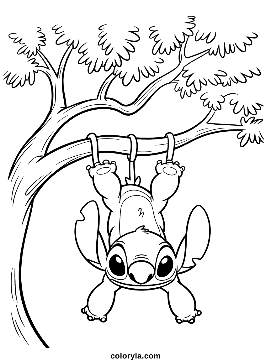 Stitch Stuck Upside Down in Tree Coloring Page Stitch hanging upside down from a tree branch with his body inverted and characteristic expression showing his predicament.
