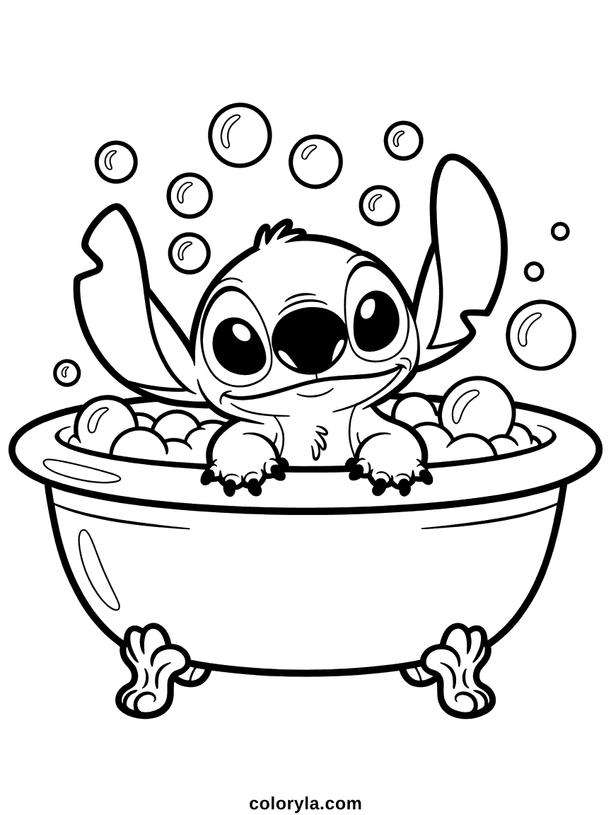 Stitch Taking a Bubble Bath Coloring Page Stitch sitting happily in a bathtub surrounded by foam bubbles, with a joyful expression enjoying his bubble bath time.