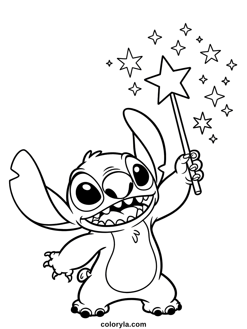 Stitch tenant et agitant une baguette magique avec une étoile scintillante à la pointe, avec des étincelles magiques et des étoiles flottantes autour de lui.