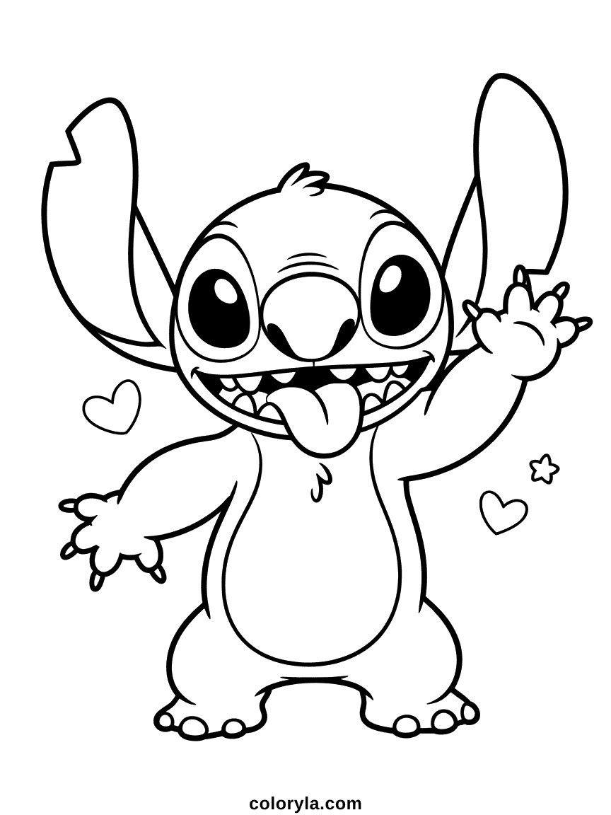 Coloriage Stitch Agitant la Main Stitch avec un large sourire agitant sa main dans un geste de salutation amical, montrant ses caractéristiques distinctives d'alien bleu.