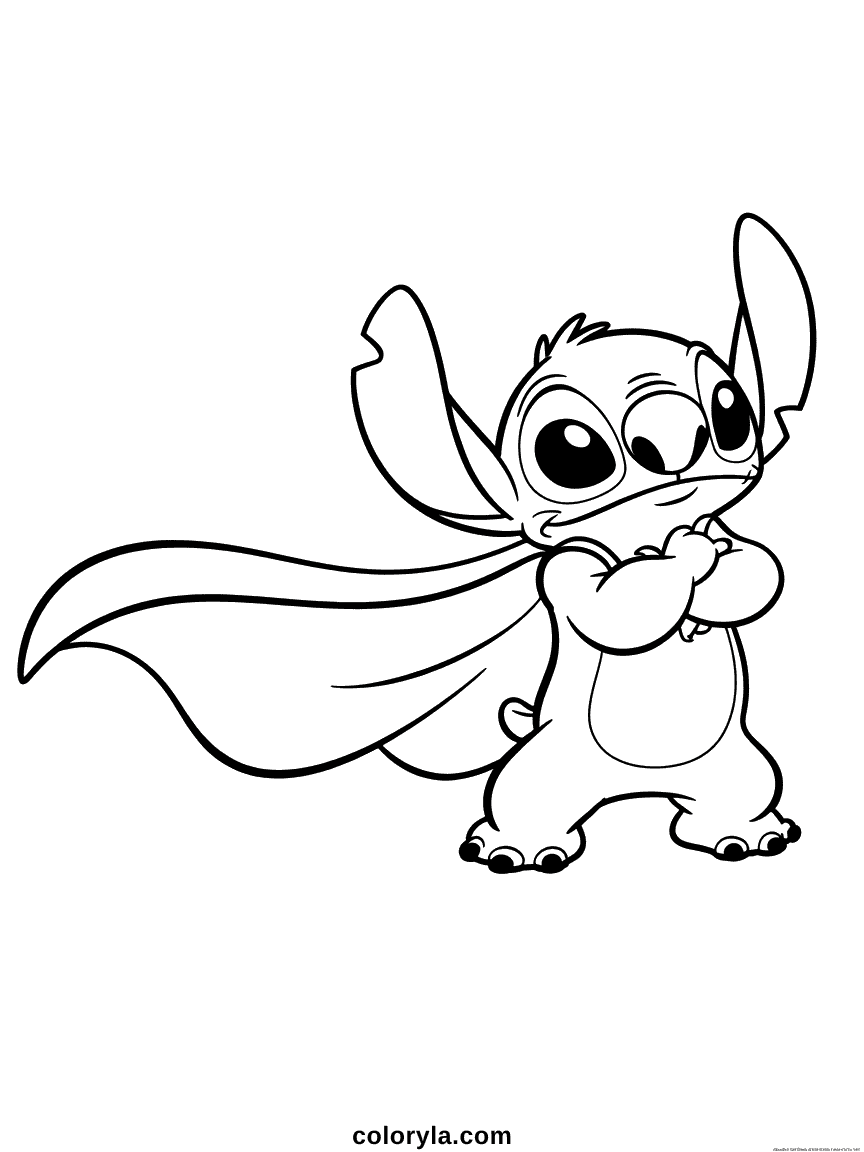 Stitch portant une cape de superhéros qui flotte, frappant une pose héroïque avec son expression malicieuse caractéristique et ses traits d'alien arrondis.
