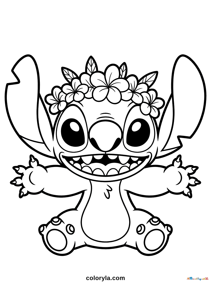 Stitch portant une couronne décorée de fleurs tropicales colorées, souriant avec ses grands yeux caractéristiques et son sourire malicieux.
