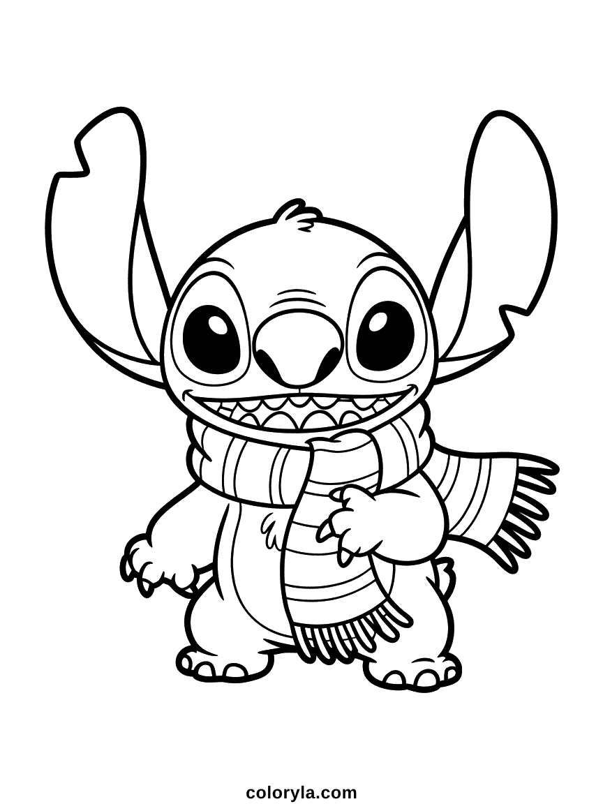 Stitch portant une écharpe d'hiver tricotée enroulée autour de son cou, l'air chaud et confortable avec son apparence caractéristique d'alien bleu.