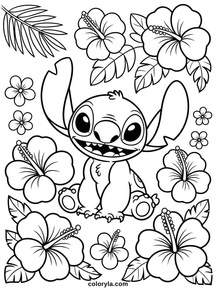Stitch entouré de fleurs d'hibiscus vibrantes en pleine floraison, créant une scène de paradis tropical avec des décorations florales luxuriantes.