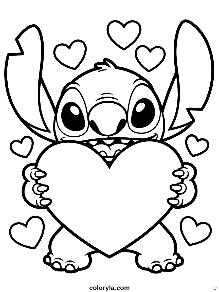 Stitch souriant tout en tenant une grande forme de cœur dans ses mains, exprimant l'amour et l'affection avec son sourire caractéristique.