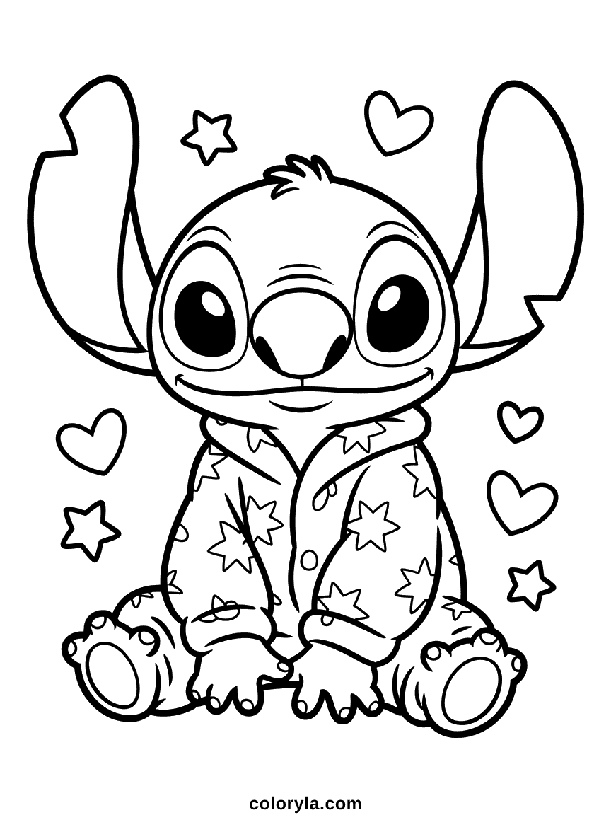 Blue alien Stitch wearing soft pajamas with a happy expression, ready for coloring.