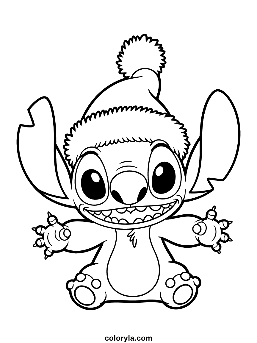 Blue alien Stitch wearing a red and white Santa hat with a joyful holiday expression.