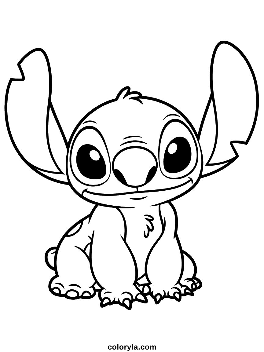 Blue alien Stitch standing with a friendly expression, showcasing his distinctive large round eyes and characteristic mischievous grin.