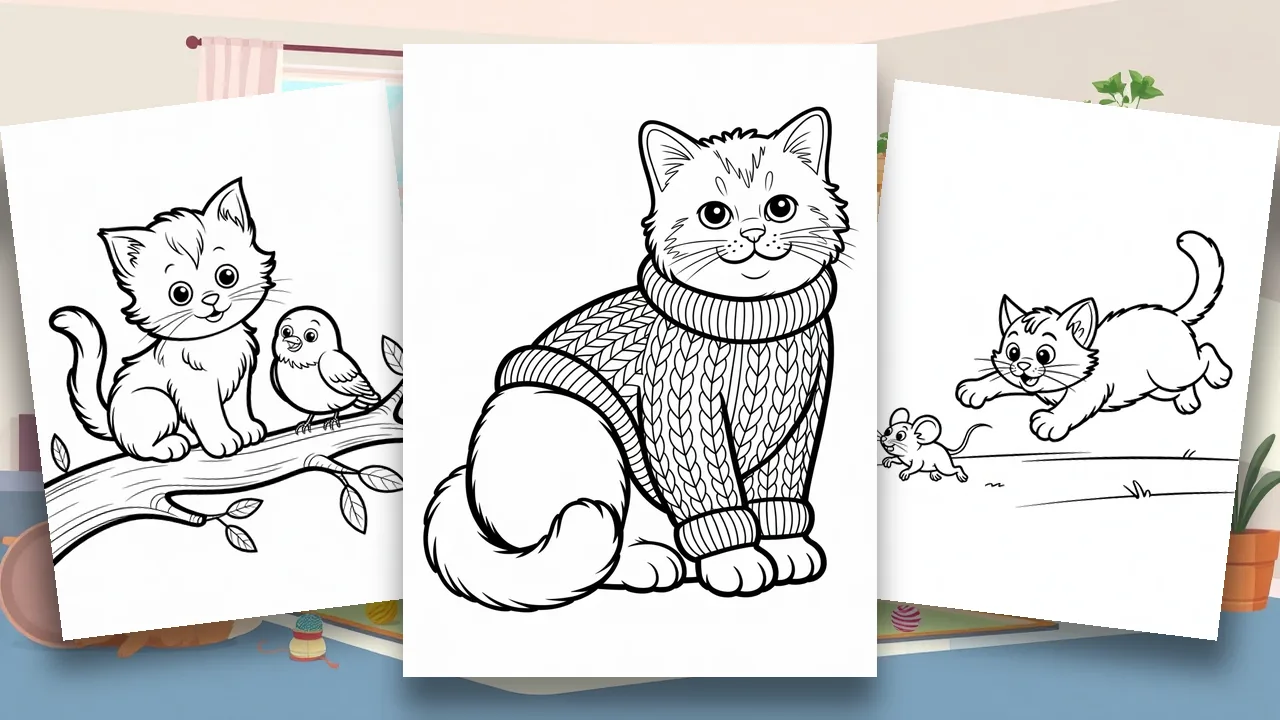 The cat coloring pages cover: a kitten, a sleeping cat and a long-haired breed gathered on one free printable sheet.