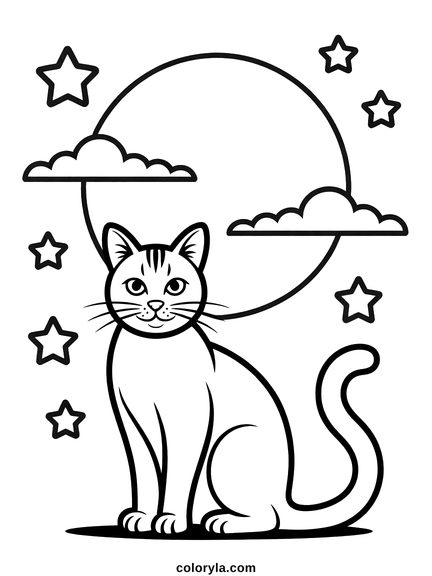 Sitting in front of a large full moon with stars and two small clouds crossing the disc, a free cat coloring page in A4.
