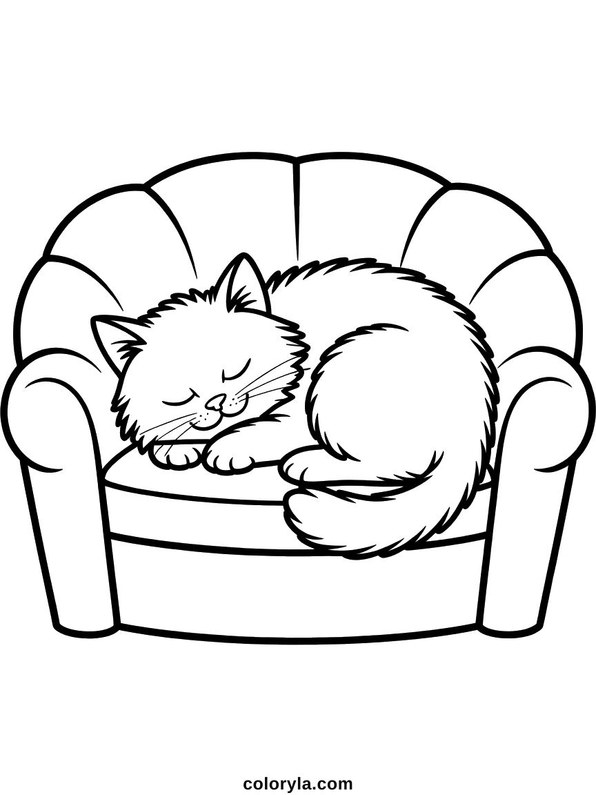 A cat curled up asleep in the middle of a small ribbed sofa with its tail tucked in, free cat coloring page in A4.