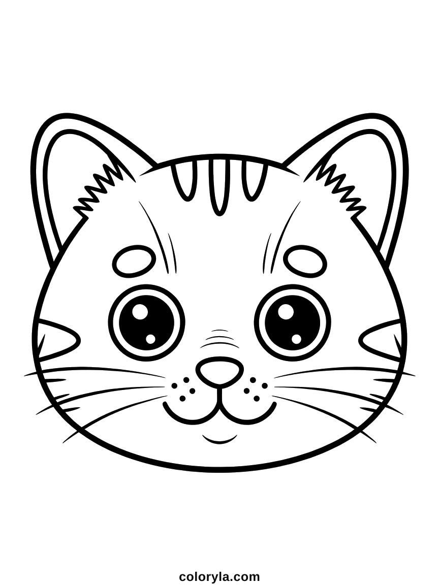 A large cat face with a striped forehead, long whiskers and two big round eyes, a free cat coloring page to print in A4.