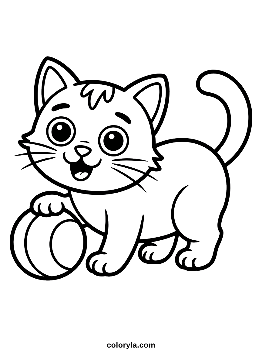 A kitten standing with one paw on a round ball and its tail curled up behind it, a free cat coloring page to print in A4.