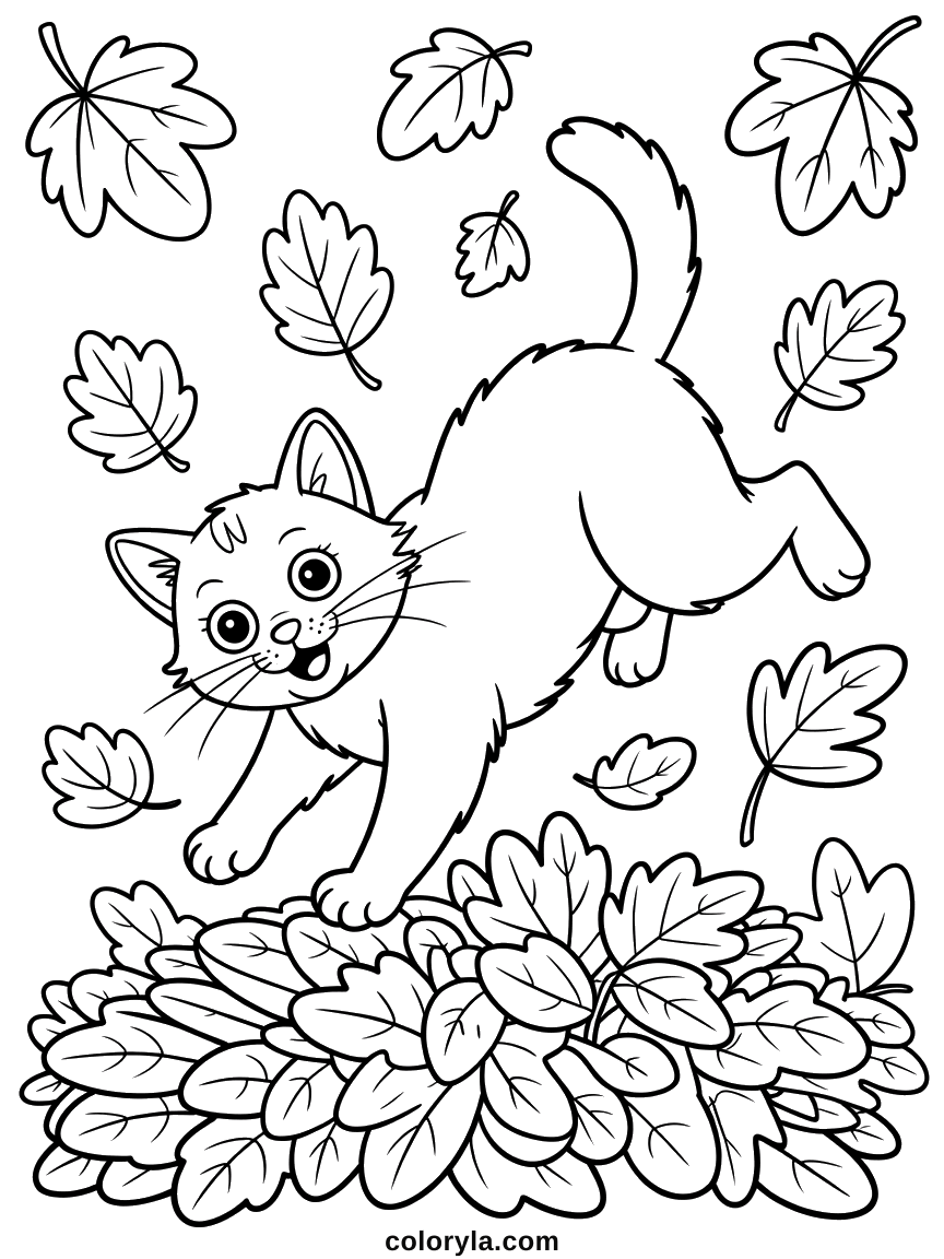 Two of them in a heap of fallen leaves, one caught mid-leap, more leaves drifting down: a free cat coloring page in A4.