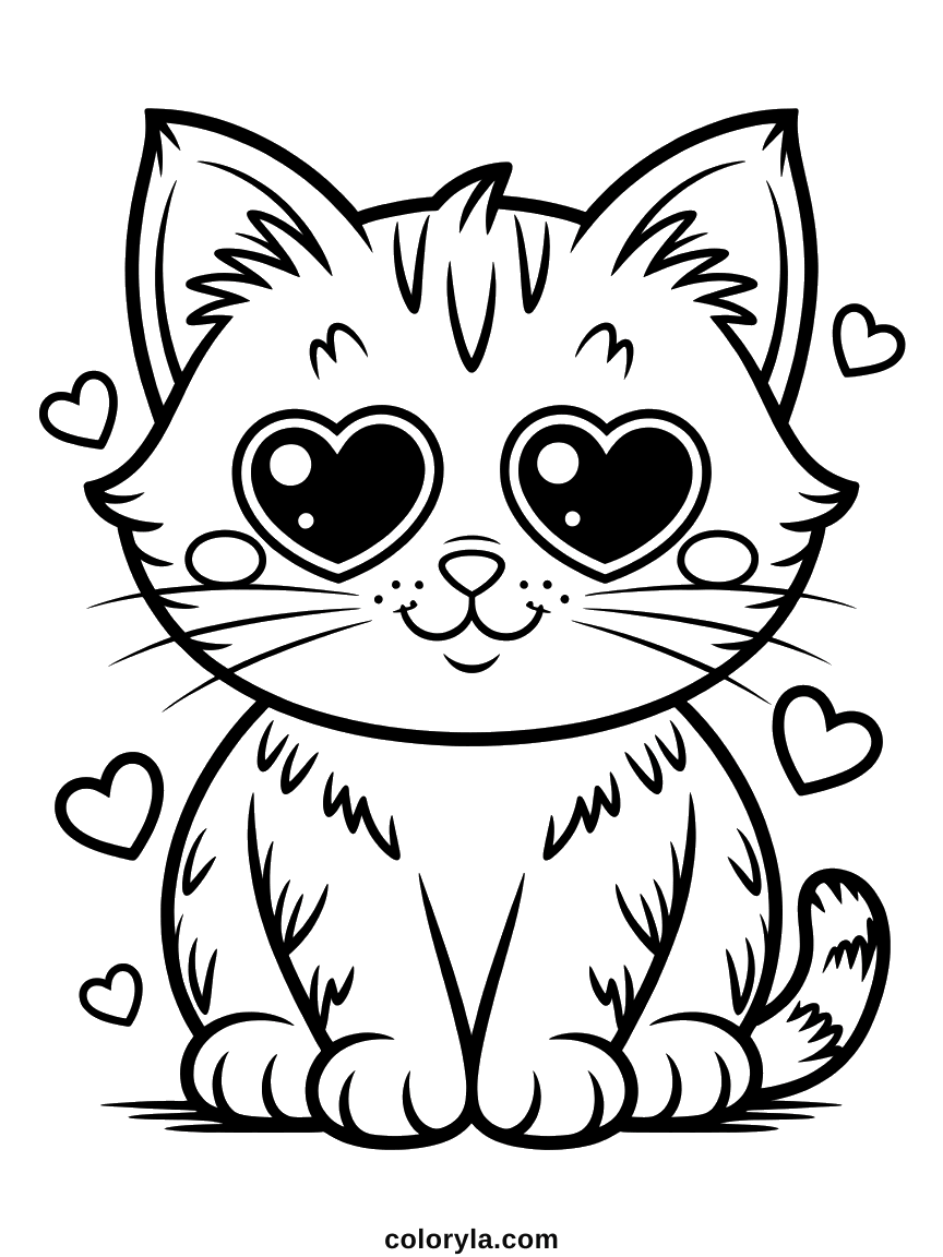 Sitting with heart-shaped eyes and small hearts drifting up on either side, a striped cat coloring page free in A4.