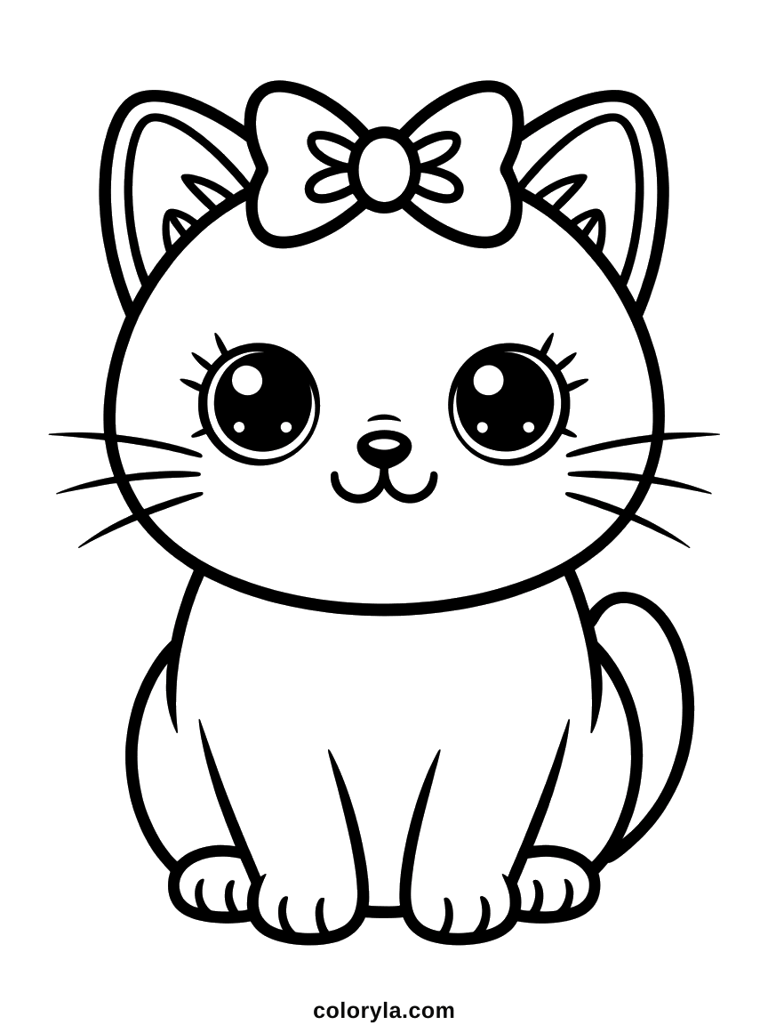 Wearing an oversized bow on its head above huge shining eyes and a tiny mouth, a free kawaii cat coloring page in A4.