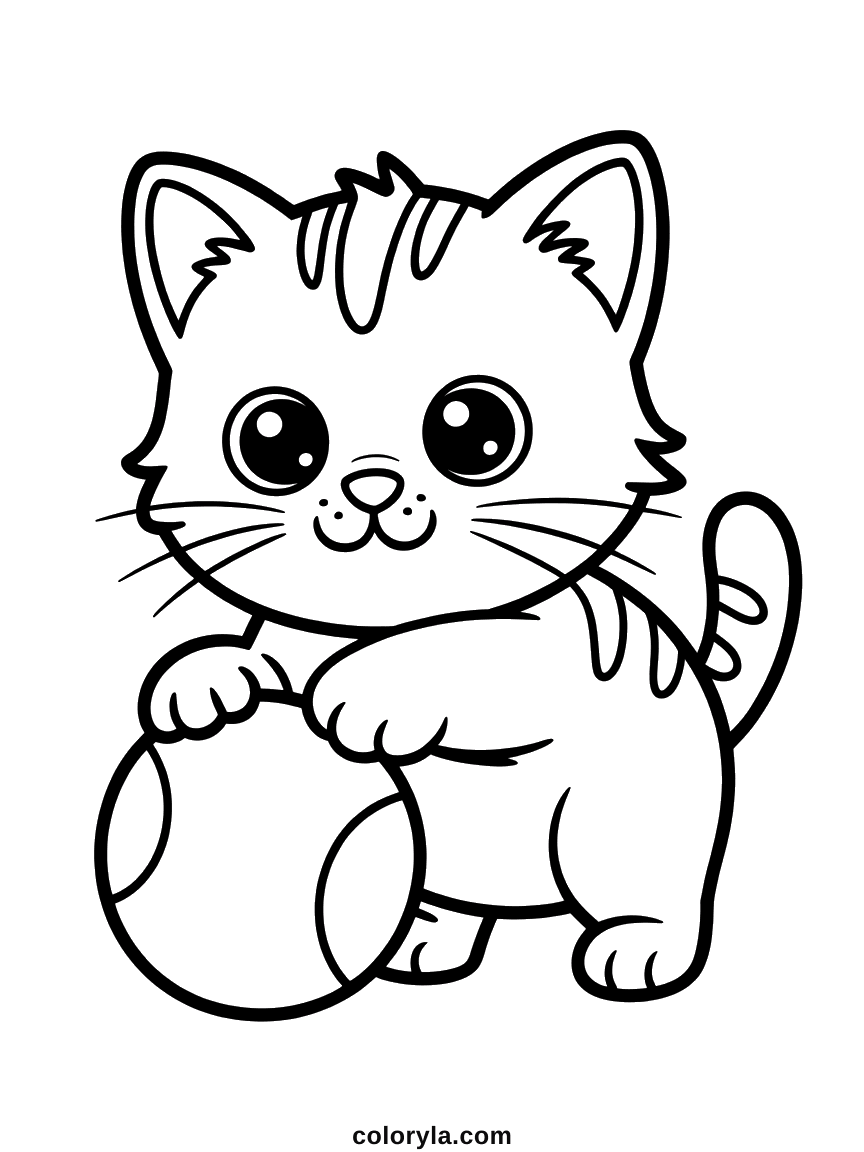 Lying on its side with both front paws wrapped around a ball, a striped kitten in an easy cat coloring page free in A4.