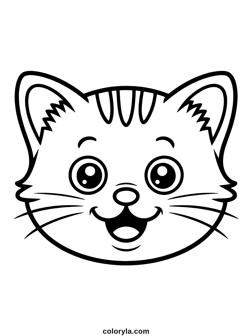 A smiling kitten head with ears up, wide eyes and an open mouth, a free kitten coloring page to print in A4.